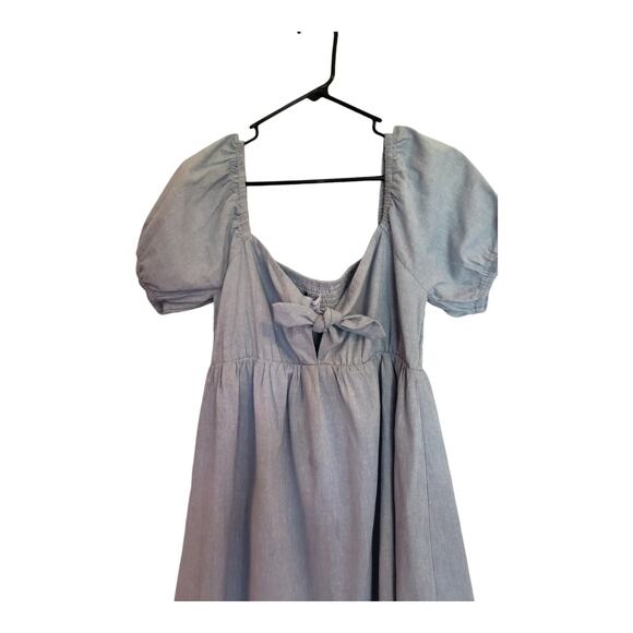 Lost + Wander Blue Babydoll Dress Linen Blue Lagoon Bow Front Elastic Large NWT - Picture 8 of 12